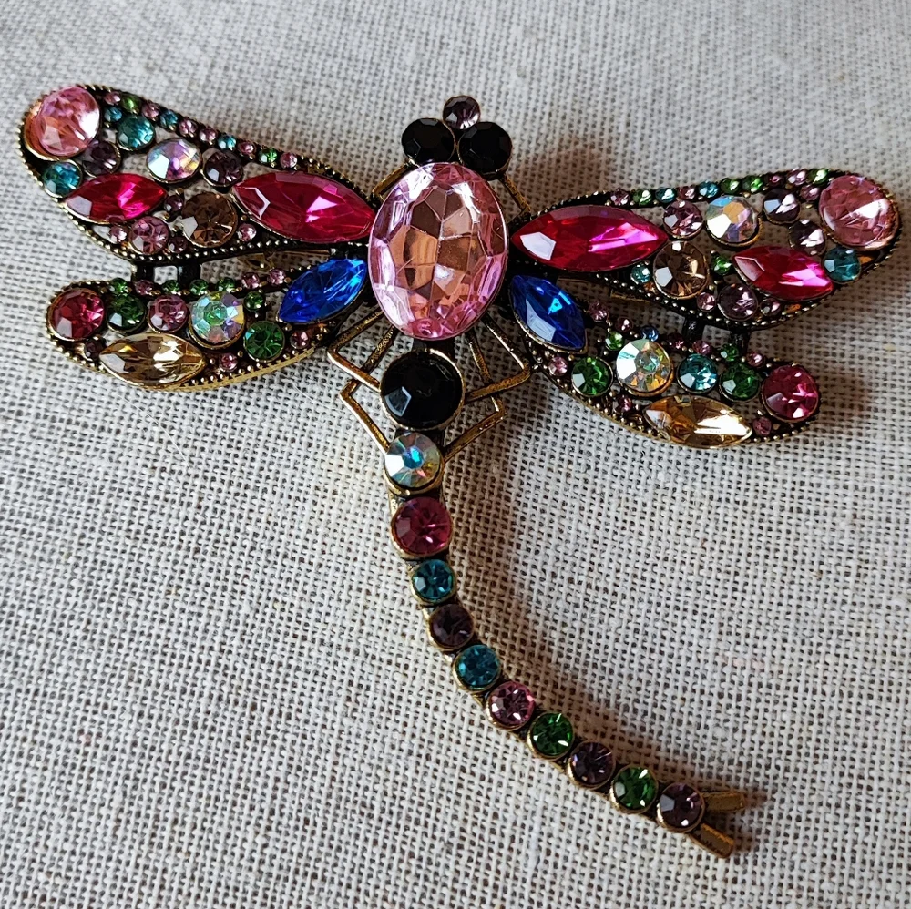Rhinestone Oversized Huge Dragonfly Brooch Pendant Pink Aurora Borealis NWOT